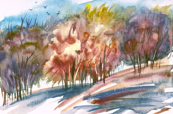 Höstens Abstrakta Landskap Akvarellmålning Träd Lövfall Kullar Oktober Natur — Stockfoto