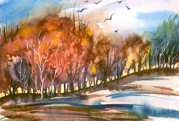 Höstens Abstrakta Landskap Akvarellmålning Träd Lövfall Kullar Oktober Natur — Stockfoto