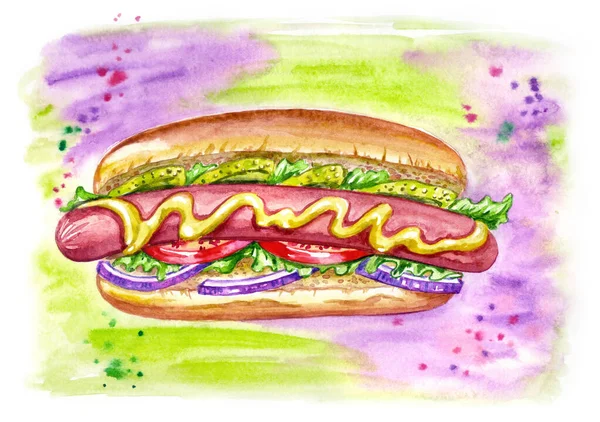 Hot Dog Hořčicí Nakládanými Okurkami Rajčaty Cibulí Salátem Akvarel Ilustrace — Stock fotografie
