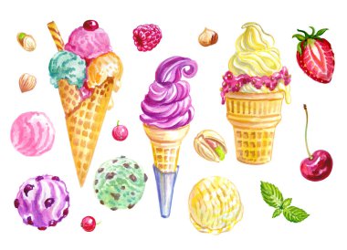 Boynuzlarda dondurma seti, böğürtlen ve fındık, beyaz arka planda suluboya çizimi, izole edilmiş. Yemek çizimi, menüler, posterler ve diğer tasarımlar için baskı.