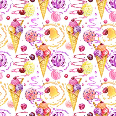 Boynuzlarda kusursuz meyve ve dondurma deseni, dondurma topları, şurup ve böğürtlen spreyi beyaz arka planda, suluboya illüstrasyon, kumaş ve diğer tasarımlar için baskı. Dondurma siyah arkaplanda kusursuz desen.