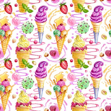 Boynuzlarda kusursuz meyve ve dondurma deseni, dondurma topları, şurup ve böğürtlen spreyi beyaz arka planda, suluboya illüstrasyon, kumaş ve diğer tasarımlar için baskı.