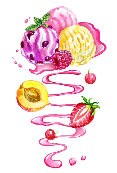 Bolas Sorvete Spray Xarope Frutas Bagas Ilustração Aquarela Fundo Branco — Fotografia de Stock
