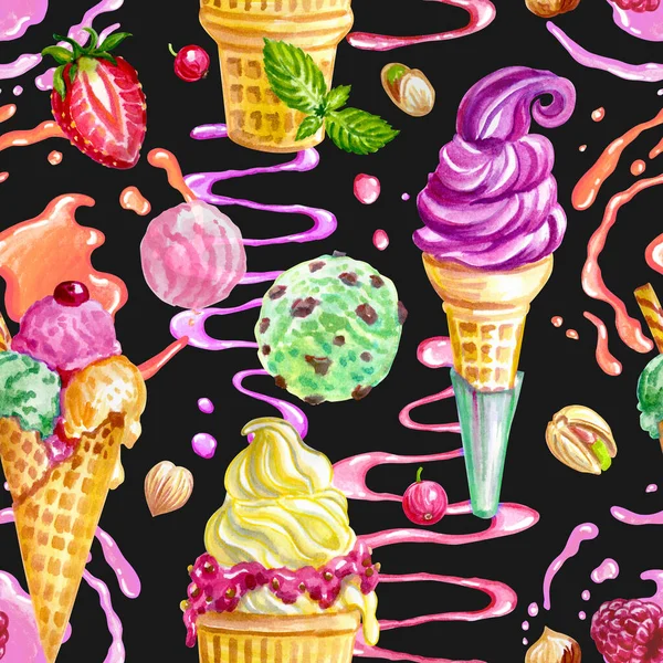 采购产品冰淇淋 糖浆和水果无缝图案在黑色的背景 水彩画 印刷品为面料和其他设计 — 图库照片