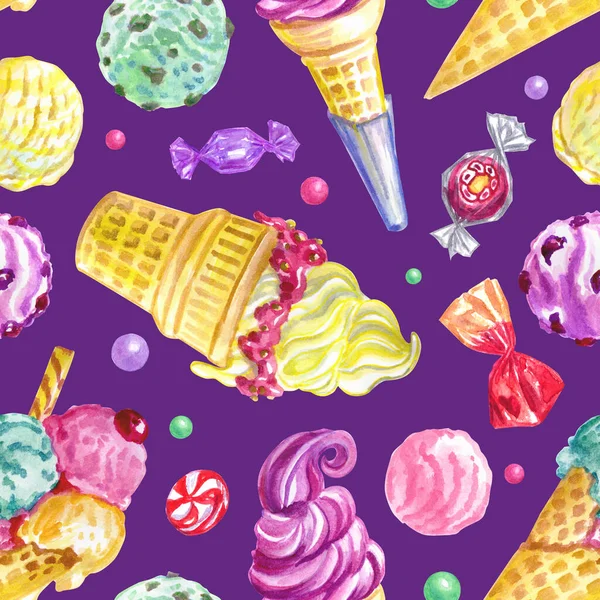 Patrón Sin Costura Helado Dulces Sobre Fondo Púrpura Ilustración Acuarela — Foto de Stock