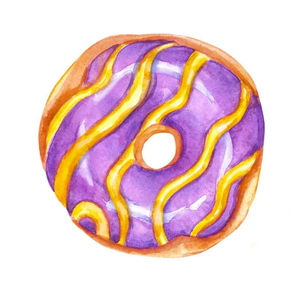 Donut Con Esmalte Rayado Púrpura Amarillo Ilustración Acuarela Vista Superior —  Fotos de Stock