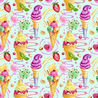 Turkuaz bir zemin üzerinde dondurma, şurup ve meyvesiz desen, suluboya resimleme, kumaş ve diğer tasarımlar için baskı.