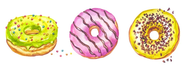 Conjunto Rosquinhas Multicoloridas Com Cobertura Aquarela Desenho Sobre Fundo Branco — Fotografia de Stock