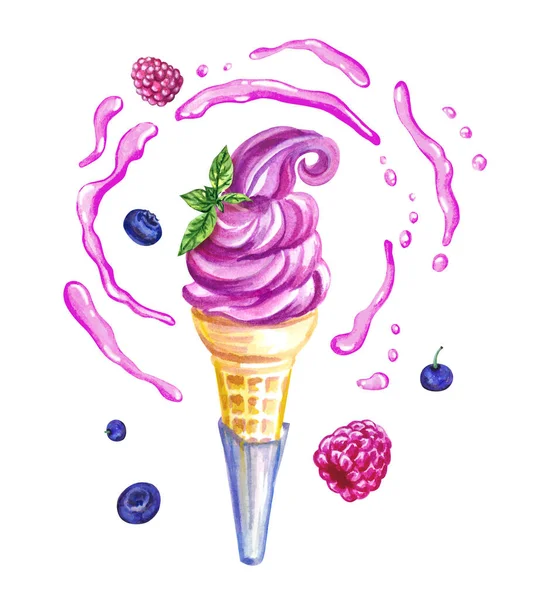 用浆果和糖浆喷雾装饰的松饼蛋筒中的浆果软式冰淇淋 白色背景上的水彩画隔离 为艺术海报 菜单和各种设计印制甜甜点 — 图库照片