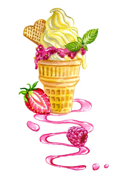 Creamy Soft Ice Cream Waffle Cone Poured Berry Syrup Syrup — Stock Photo, Image