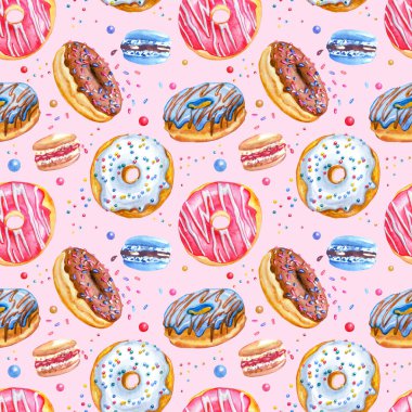 Donutlar, badem kurabiyeleri ve jöleli şekerler pembe arka planda dikişsiz desen, suluboya çizimler, kumaş baskısı, çeşitli tasarımlar için arka plan..