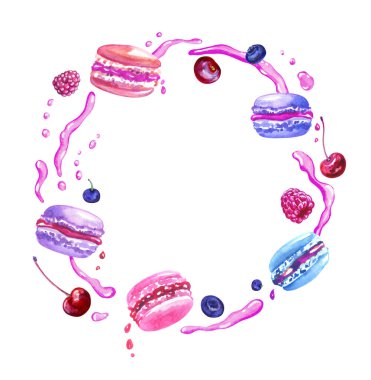 Kurabiye ve böğürtlen şurubu spreyi beyaz arka planda suluboya çizimi, izole edilmiş. Çeşitli tasarımlar için arkaplanda tatlı ve böğürtlen.