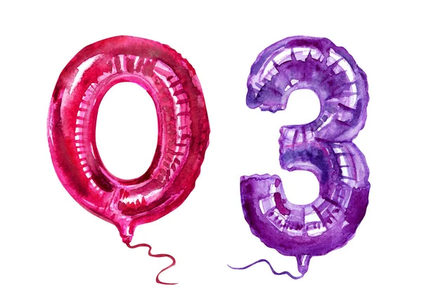 Numbers Foil Balloons Watercolor Illustration White Background Clipping Path — 스톡 사진