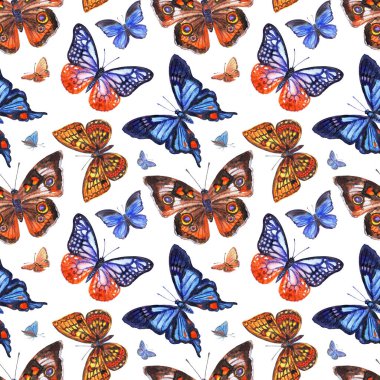 Beyaz bir arka planda kelebekler pürüzsüz desen, suluboya çizimi. Kumaş için yazdır, çeşitli tasarımlar için arkaplan.