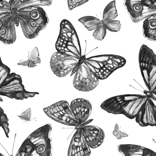 Motyle Bez Szwu Wzór Czarno Biały Ilustracja Akwarela Druk Tkaninę — Zdjęcie stockowe