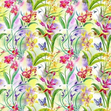 Bulanık bir suluboya arkaplan üzerindeki orkideler pürüzsüz desen, kumaş için baskı, çeşitli tasarımlar için arkaplan