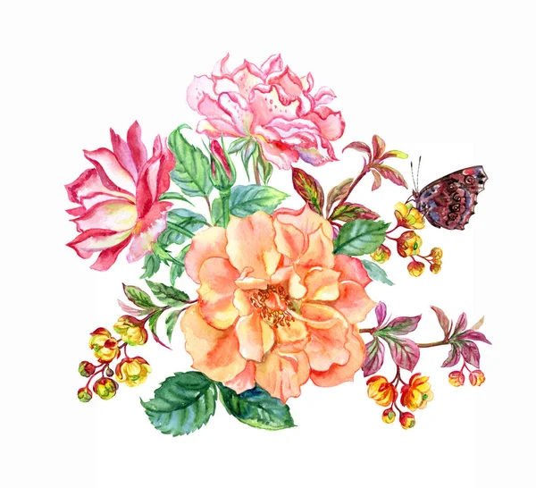 Strauß Orangefarbener Und Rosa Rosen Und Zweige Einer Blühenden Berberitze — Stockfoto