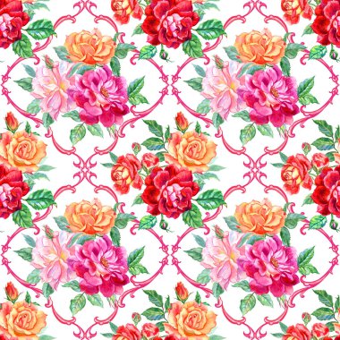 Kusursuz desenli güller ve barok desenler, suluboya çizimler, kumaş, duvar kağıdı ve diğer tasarımlar için baskı..