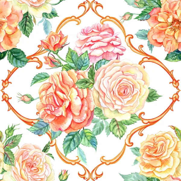 Seamless pattern of bouquets of roses and baroque pattern, watercolor illustration, print for fabric, wallpaper and other designs.