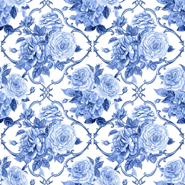 Seamless Pattern Bouquets Roses Baroque Pattern Blue Tones Watercolor Illustration — Stock Photo, Image