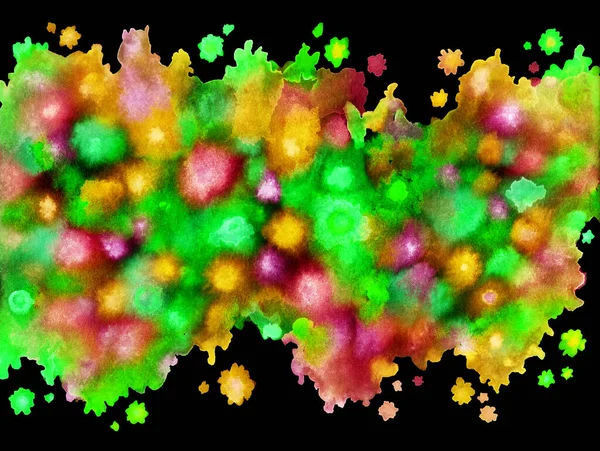 Abstrakcyjne Malowanie Plamek Postaci Neonowych Kwiatów Lub Gwiazd Czarnym Tle — Zdjęcie stockowe