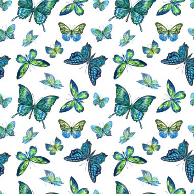 Beyaz arka planda kusursuz yeşil kelebek deseni suluboya çizimi, kumaş ve diğer tasarımlar için baskı.