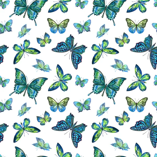 Patrón Sin Costuras Mariposas Verdes Sobre Fondo Blanco Ilustración Acuarela — Foto de Stock