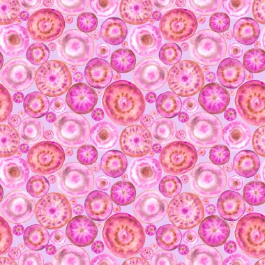 Pembe renklerde suluboya eşmerkezli dairelerin kusursuz deseni, kumaş için baskı, çeşitli tasarımlar için arkaplan.