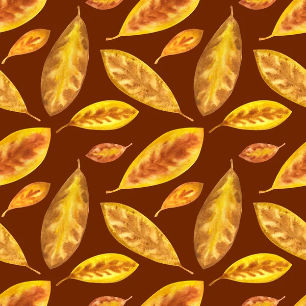Seamless pattern of yellow abstract leaves on a brown background, watercolor illustration. Floral print in the form of autumn or tropical leaves for fabric and other designs.