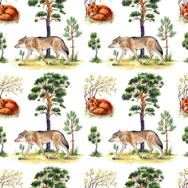 Seamless pattern with wolves and foxes in the forest, watercolor illustration, zoological print for fabric, wallpaper, home decor and other designs.