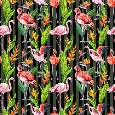 Flamingo kuşları ve tropikal çiçeklerle kusursuz desen çizgili arka planda çizgili şerit ve helikonya kumaş, ambalaj kağıdı, ev mobilyası dekorasyonu ve diğer tasarımlar için baskı..