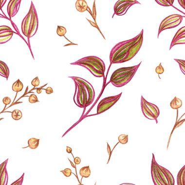 Beyaz zemin üzerindeki dekoratif dallar, suluboya çizimler, çeşitli tasarımlar için dekoratif baskılar: kumaş, ambalaj kağıdı, baskılar, ev mobilyaları dekorasyonu.