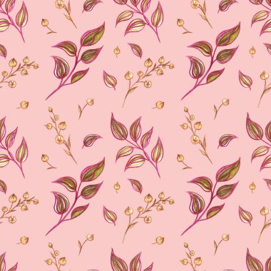 Pembe mercan zemin üzerindeki dekoratif dallar, suluboya çizimler, çeşitli tasarımlar için dekoratif baskılar: kumaş, ambalaj kağıdı, baskılar, ev mobilyaları dekorasyonu.
