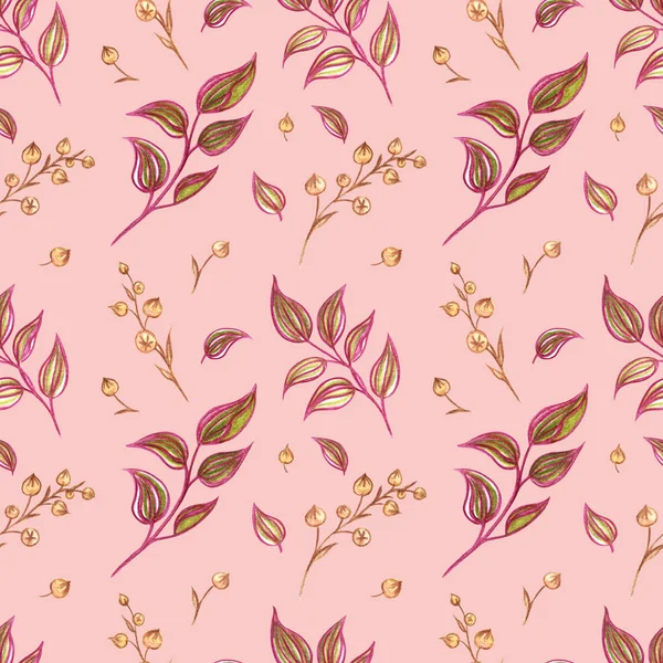 Decorative Twigs Seamless Pattern Pink Coral Background Watercolor Drawing Decorative — Stock Photo, Image