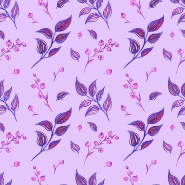 Soyut dalların kusursuz deseni ve mor tonlarda yapraklar suluboya çizimleri kumaş için baskılar, duvar kağıtları. ambalaj kağıdı ve diğer tasarımlar.