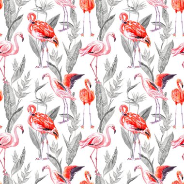 Flamingo, strelitzia tropikal bitkilerin arka planında, suluboya, beyaz arka planda, kumaş, duvar kağıdı, ambalaj kağıdı, ev mobilyası dekorasyonu vs..