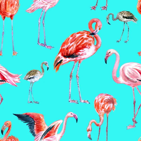 Flamingo seamless pattern on turquoise background, watercolor illustration on white background, tropical print for fabric, wallpaper, wrapping paper, household items decor, etc.