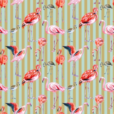 Çizgili arka planda flamingo pürüzsüz desen kumaş, ambalaj kağıdı, ev mobilyası dekorasyonu için tropikal suluboya baskı..
