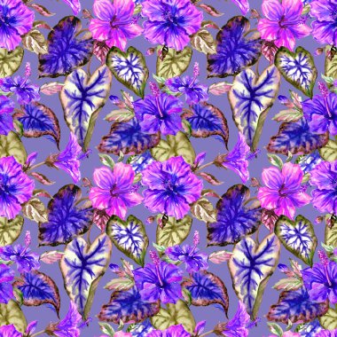 Tropik çiçekler ve mor tonlarda pürüzsüz desenler, kumaş için suluboya baskılar, ambalaj kağıtları, ev mobilyaları dekorasyonu..