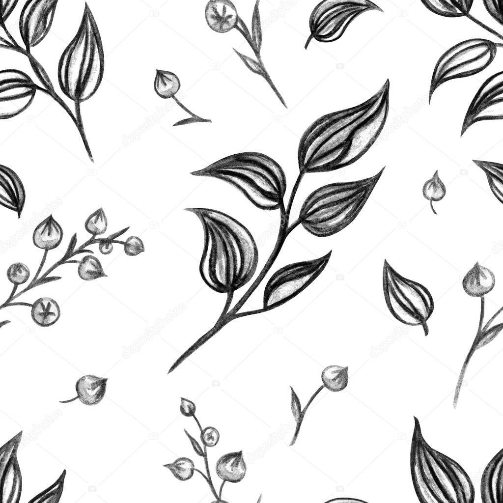 Decorative branches seamless pattern in black and white colors, watercolor print on fabric, wrapping paper, home decor.