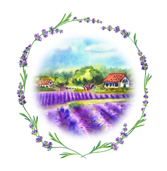 Krajina Levandulovým Polem Kulatém Levandulovém Rámu Akvarel Ilustrace Potisk Pro — Stock fotografie