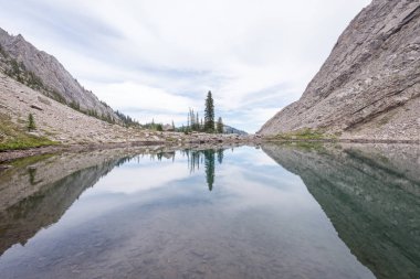 Beautiful calm alpine tarn (lake) offering a near symmetrical mirror reflection of mountain slopes, clouds and trees on Pedley Pass near Invermere, British Columbia clipart