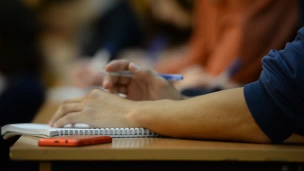 Students University School Classroom Notebooks Pens Hands Close — Stock Video