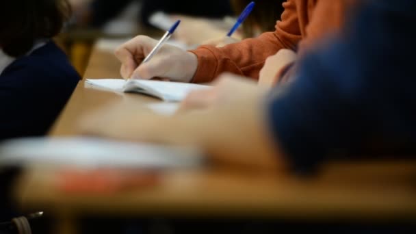 Students University School Classroom Notebooks Pens Hands Close — Stock Video