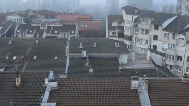 海辺の町で霧の朝 低層の建物のタイル張りの屋根 — ストック動画