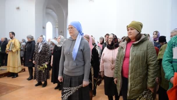 俄罗斯比尔斯克 2019年4月20日 俄罗斯东正教的礼仪 教堂的牧师和宗教信徒 — 图库视频影像