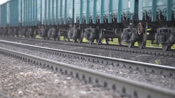 Primo Piano Una Coppia Ruote Carrello Ruote Treno Ferroviario Merci — Video Stock