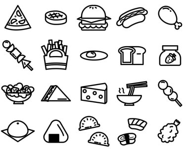 Beyaz arka plan üzerinde çeşitli gıda simgesinin basit anahat