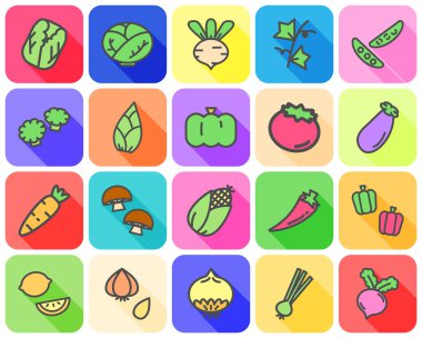 Renkli düz simgesi beyaz arka plan üzerinde uzun gölge kavramı ile çeşitli sebze simgesinin