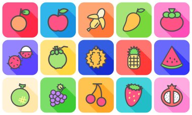 Renkli düz simgesi beyaz arka plan üzerinde uzun gölge kavramı ile çeşitli meyve simgesinin